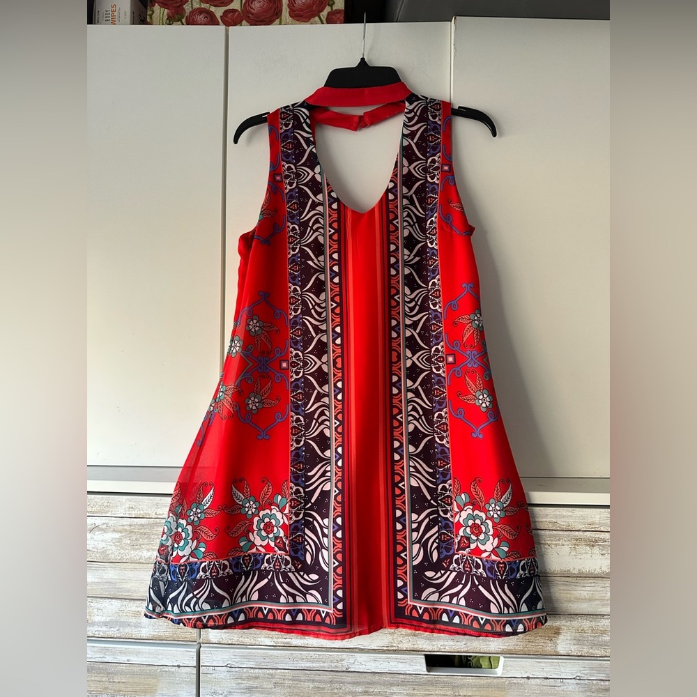 ❤️ Soulmates Red Boho Floral Print Keyhole Shift Dress Women’s Small